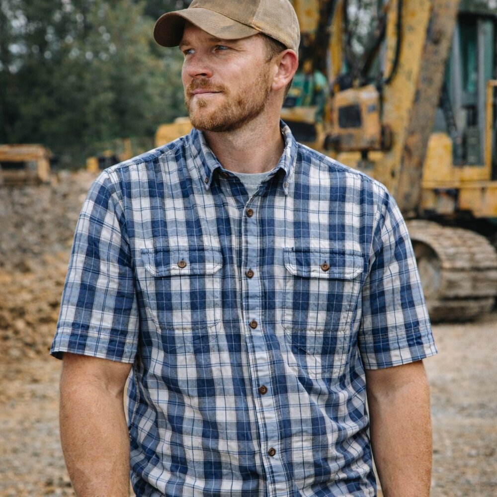 Carhartt Shirt Mens Medium Blue Plaid Cotton Relaxed Fit Workwear Logo Button Up